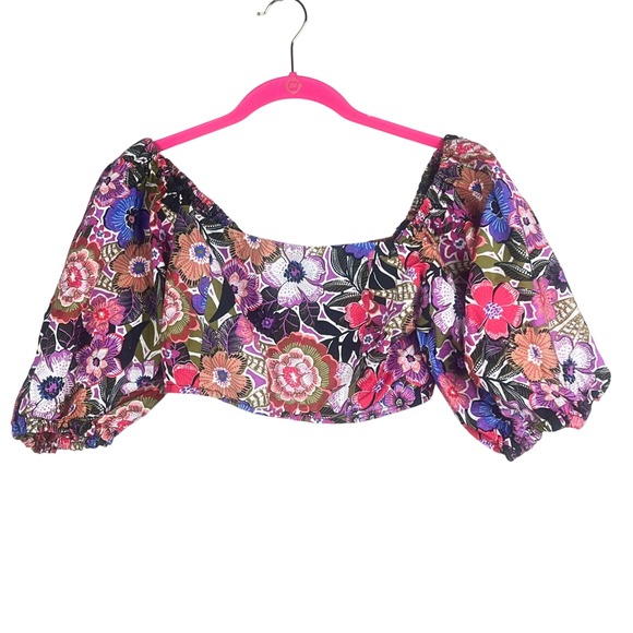 Festival Crop Top Puff Sleeve Smocked Back Womens M Forever 21 Whimsy Romantic - Picture 3 of 11